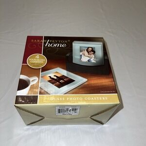NEW*Sarah Peyton Home 4 Solid Frosted Glass Photo Coasters with Wood Holder